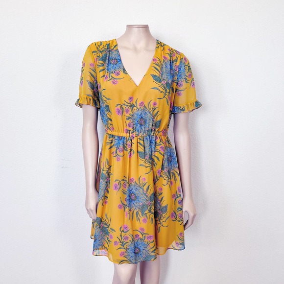 [Madewell] Sweetgrass Ruffle-Sleeve Dress Painted Blooms Yellow V-Neck Size 6 - Picture 2 of 12